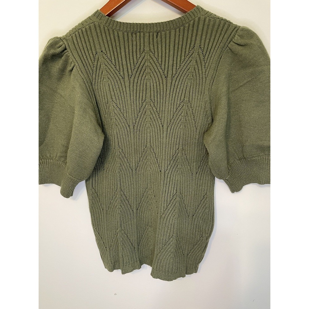 Shop Stevie Sweater Geometric Ribbed Olive Short Puffed Sleeve Feminine L - Picture 4 of 9